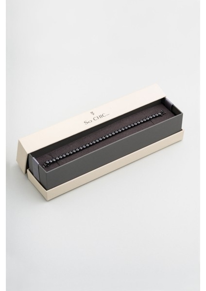 Siyah Taşlı Siyah Rodyum Kaplama Gümüş Unisex Su Yolu Bileklik indirimleri