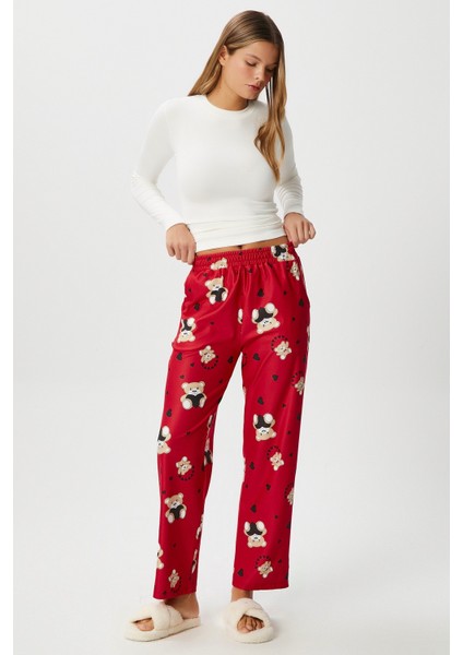 Kadın Teddi Ultra Yumuşak Cepli Kırmızı Ayıcık Desen Yılbaşı Pijama Altı