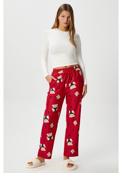 Kadın Teddi Ultra Yumuşak Cepli Kırmızı Ayıcık Desen Yılbaşı Pijama Altı