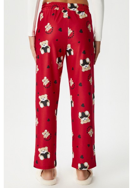 Kadın Teddi Ultra Yumuşak Cepli Kırmızı Ayıcık Desen Yılbaşı Pijama Altı