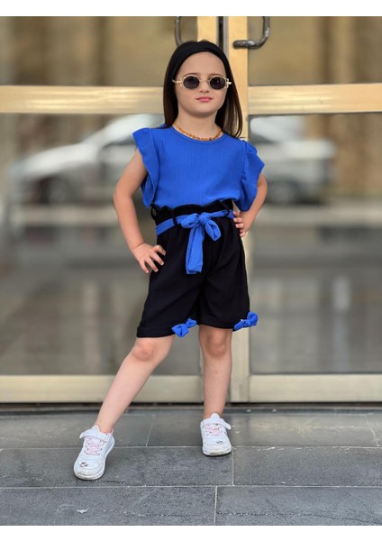 Kız Çocuk Şort / Bluz / Bone / Kemer 4'lü Takım