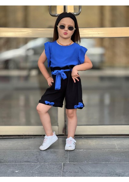 Kız Çocuk Şort / Bluz / Bone / Kemer 4'lü Takım