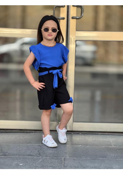 Kız Çocuk Şort / Bluz / Bone / Kemer 4'lü Takım