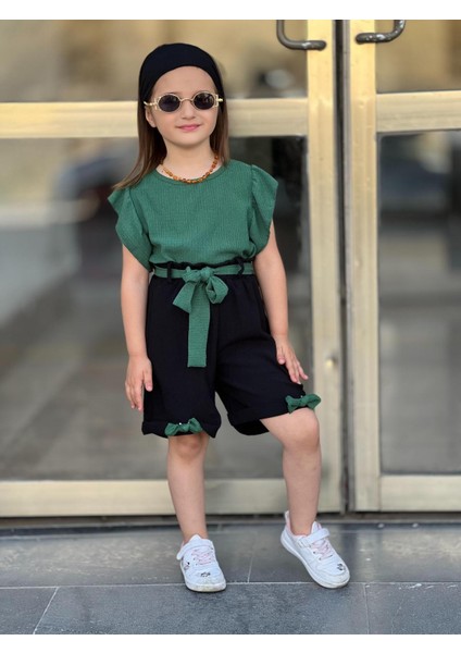 Kız Çocuk Şort / Bluz / Bone / Kemer 4'lü Takım
