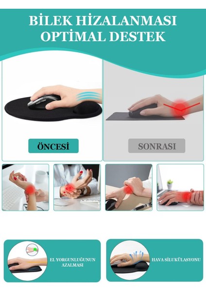 Bilek Destekli Jel Dolgulu Siyah Ergonomik Kaymaz Taban Mouse Pad Ev,ofis,oyun