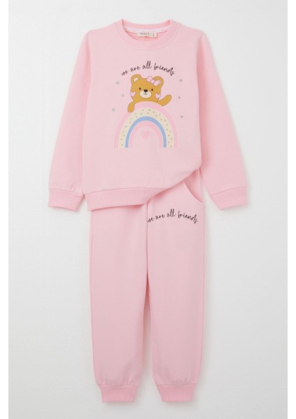 Kız Çocuk Eşofman Takım Arkadaşlık Temalı Sevimli Ayıcık Baskılı 1-4 Yaş, Pembe