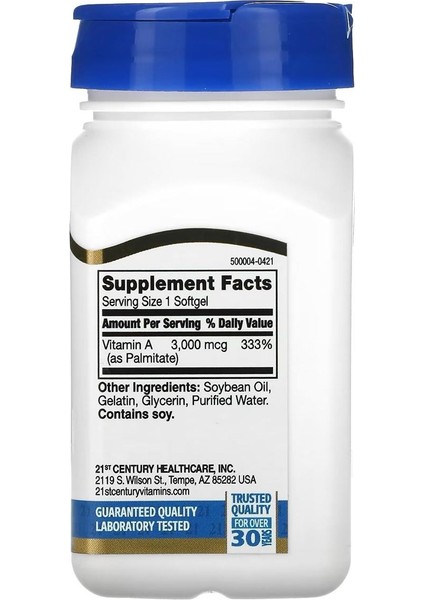 A Vitamini, 3.000 Mcg (10.000 Iu), 110 Softgel