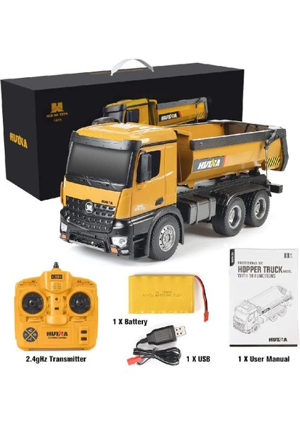 Huına 1/14 Yüksek Kalite Rc Model Damperli Kamyon Uzaktan Kumandalı Metal İş Makinası - 10Kg Yükleme Kapasiteli - 2.4G Full Fonksiyon Sesli Ve Işıklı - 1573