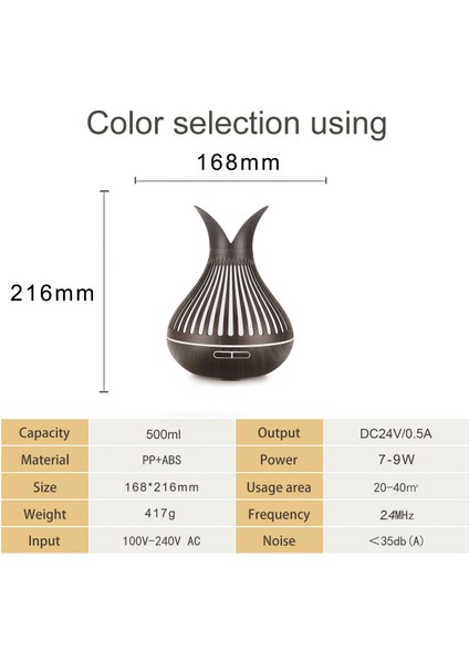 500ML Elektrikli Hava Nemlendirici Esansiyel Aroma Yağı Difüzörü Ultrasonik Ahşap Desenli Sis Üreticisi LED Işık B Abd Fişi (Yurt Dışından)