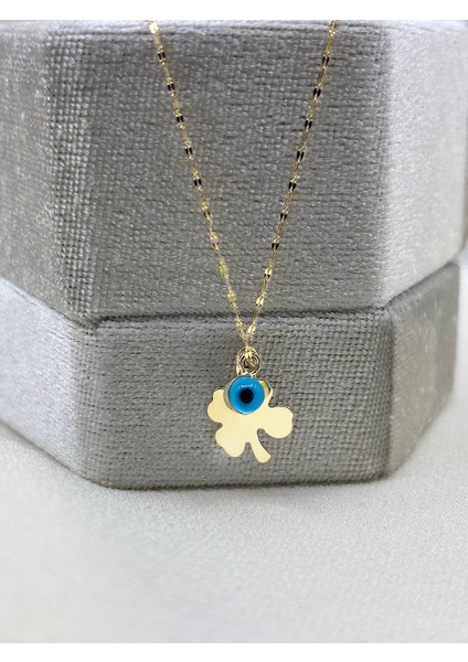 14 Ayar Altın Nazar Boncuklu Yonca Kolye