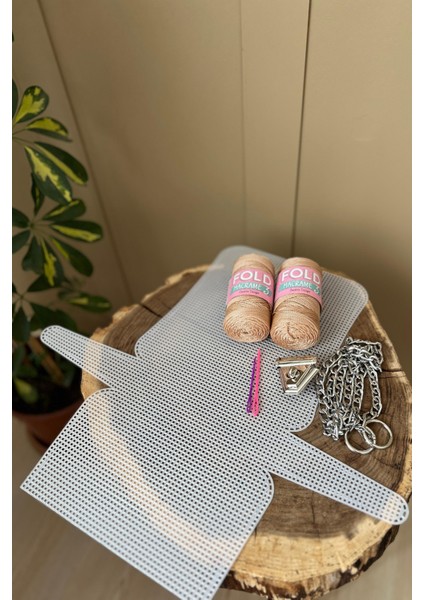 Kanvas Çanta Örgü Kiti 45X21CM -Sütlü Kahve Polyester Makrome No.3 Plastik Kanvas Çanta Seti