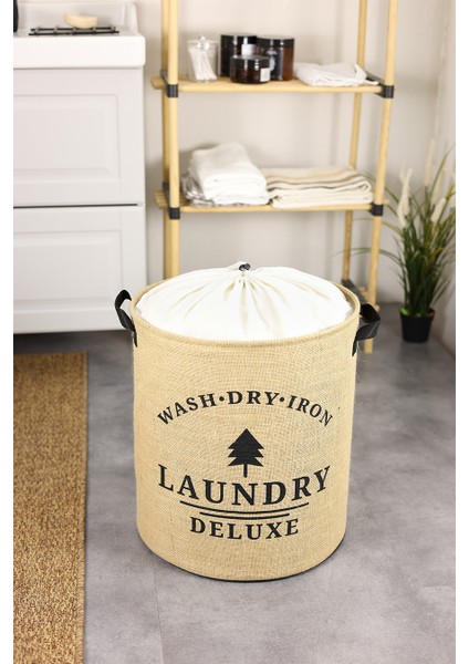 Laundry Deluxe Baskılı Fileli Jüt Katlanabilir Kıyafet Kirli Çamaşır Havlu Sepeti 37 x 40