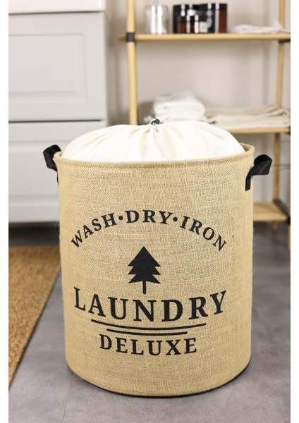 Laundry Deluxe Baskılı Fileli Jüt Katlanabilir Kıyafet Kirli Çamaşır Havlu Sepeti 37 x 40