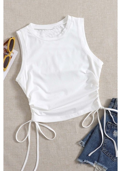 Yanları Büzgülü Kolsuz Bluz Crop Top Atlet