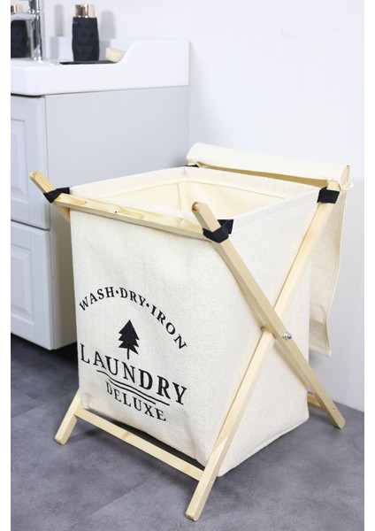 Laundry Baskılı Kapaklı Ahşap Destekli Kare Kıyafet Kirli Çamaşır Sepeti 40 x 30 x 50