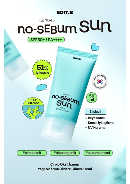 Yağlanma ve Gözenek Karşıtı Nemlendirici Fiziksel Güneş Kremi Edıt.b No Sebum Sun Cream SPF50+PA++++ fiyatları