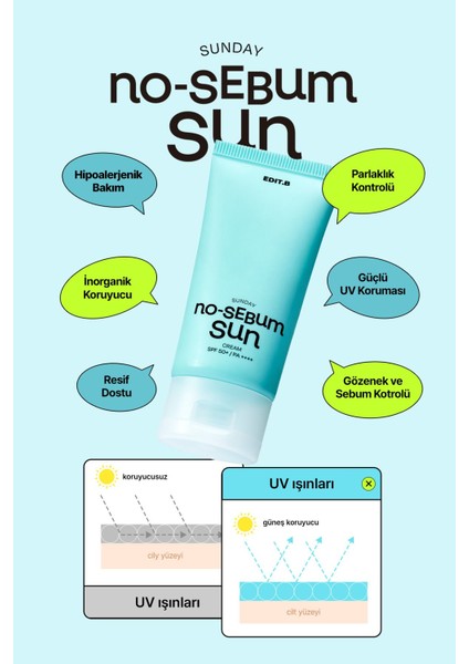 Yağlanma ve Gözenek Karşıtı Nemlendirici Fiziksel Güneş Kremi Edıt.b No Sebum Sun Cream SPF50+PA++++ modelleri