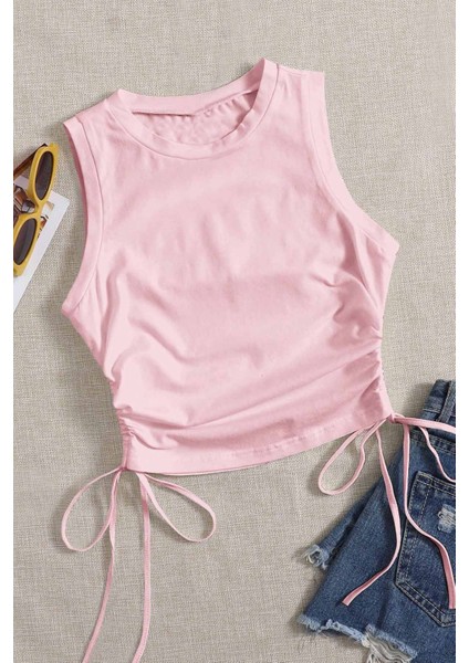 Yanları Büzgülü Kolsuz Bluz Crop Top Atlet