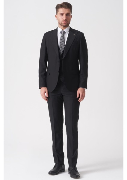 Campinas TY2494 Slim Fit 6 Drop Düz Yelekli Takım Elbise Siyah