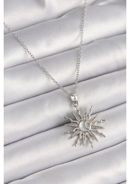 316L Çelik Gümüş Renk Zincir Zirkon Taşlı Yıldız Model Sedefli Ay Işleme Detay Kadın Kolye