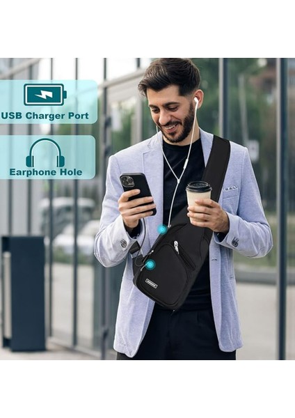 Kadınlar Erkekler Için Askılı Çanta, Yürüyüş ve Doğa Yürüyüşü Için USB Şarj Portlu Göğüs Çantası Askılı Sırt Çantası (Yurt Dışından)