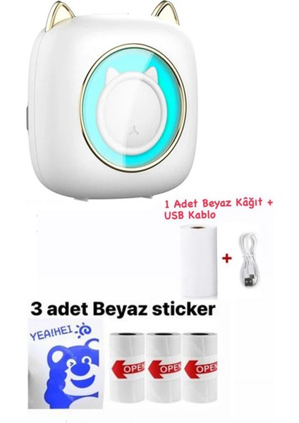 Mini Cep Termal Yazıcı Beyaz Kedili, 4 adet Beyaz Sticker Rulo Hediyeli