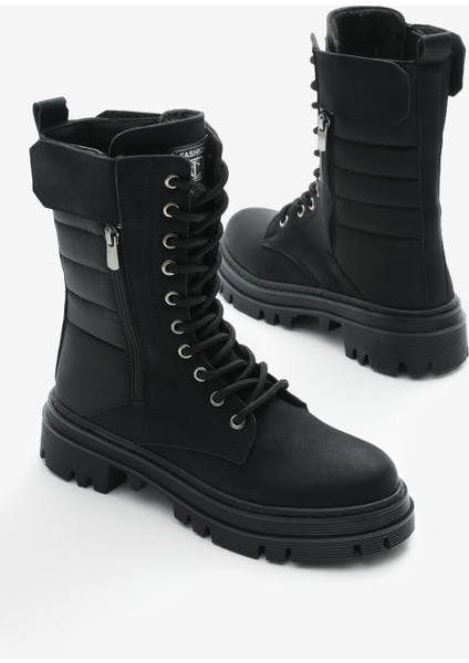 Kadın Siyah Mat Termo Taban Nakışlı Dilim Desenli Cırtlı Bağcıklı ve Fermuarlı Bot modelleri