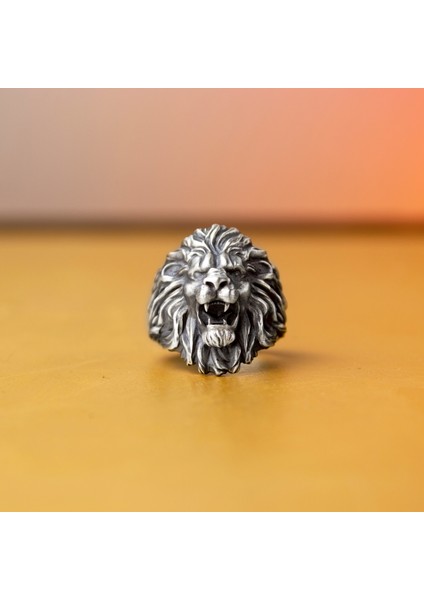 Aslan Figürlü Karartmalı Üç Boyutlu 925 Ayar Gümüş Erkek Yüzük-Babalar Günü Hediye