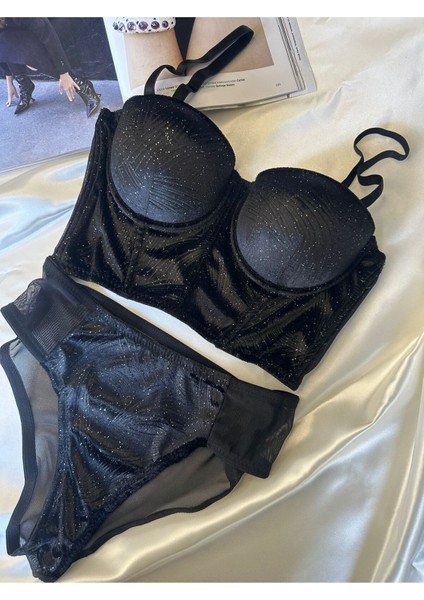 Pudra Simli Kadife Bralet Takım