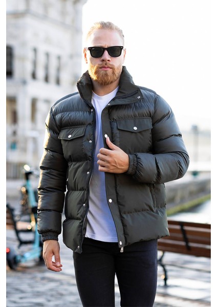 Erkek Haki Dik Yaka Şişme Mont -FN80960