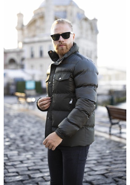 Erkek Haki Dik Yaka Şişme Mont -FN80960 modelleri