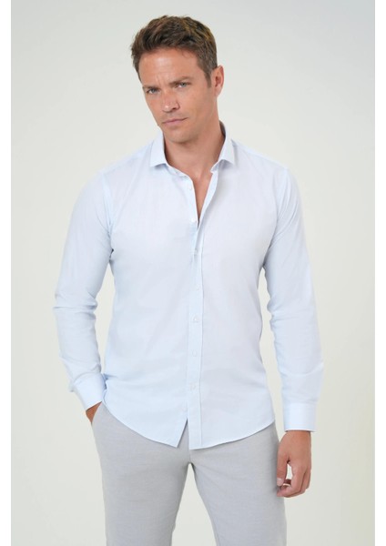 Slim Fit Açık Mavi Düz Erkek Gömlek