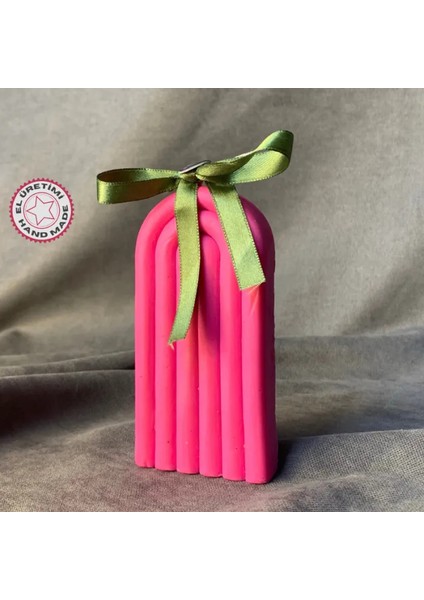 El Yapımı Gökkuşağı Motifli Pembe Renkli Dekoratif Mum - 6 x 12 cm