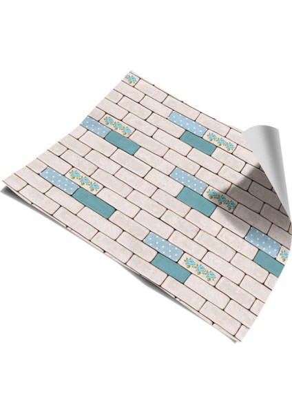 Mutfak Tezgah Arası Kendinden Yapışkanlı Folyo Tuğla Taş Desen Mavi Çiçekli 60 cm x 100 cm