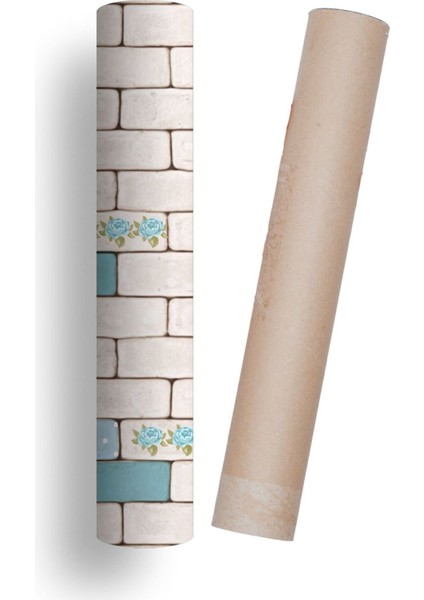 Mutfak Tezgah Arası Kendinden Yapışkanlı Folyo Tuğla Taş Desen Mavi Çiçekli 60 cm x 100 cm