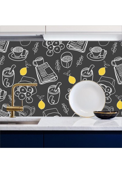 Mutfak Tezgah Arası Kendinden Yapışkanlı Folyo Kaplama Çay-Limon Desen 60 cm x 100 cm
