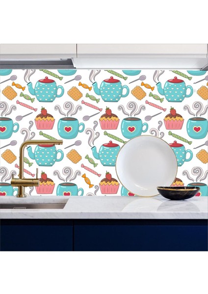 Mutfak Tezgah Arası Kendinden Yapışkanlı Folyo Kaplama Çay - Cupcake Desen 60 cm x 100 cm