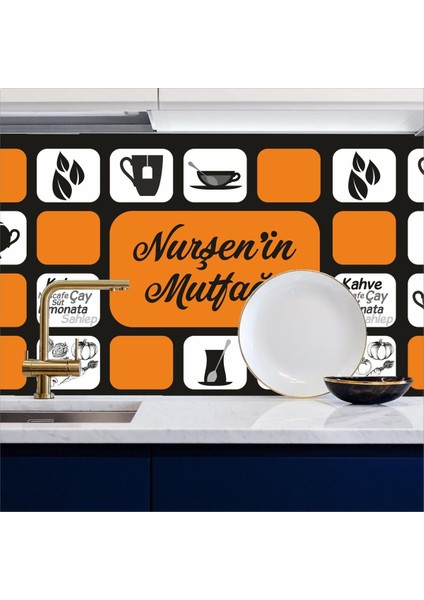 Mutfak Tezgah Arası Kendinden Yapışkanlı Folyo Kaplama Isime Özel Baskılı Turuncu Siyah 60 cm x 100 cm