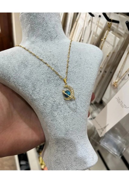 Ay ve Gezegen Model Zirkon Taşlı Vip Solmaz Kararmaz Çelik Kolye