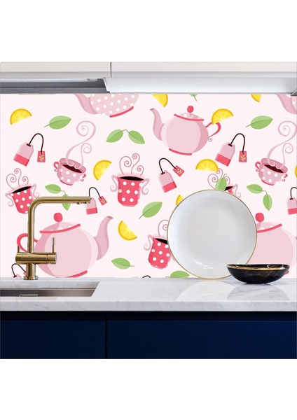Mutfak Tezgah Arası Kendinden Yapışkanlı Folyo Çay Saati Pembe 60 cm x 100 cm