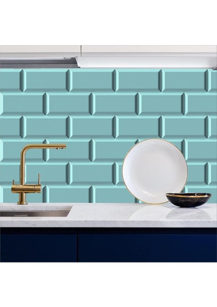Mutfak Tezgah Arası Folyo Açık Turkuaz Fayans Taş Desen Kendinden Yapışkanlı 60 cm x 100 cm