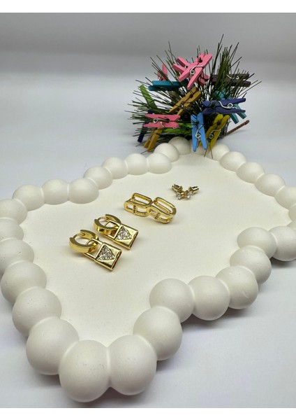 Lucky B&e Üçlü Set Çelik Küpe Gold (Kalp Kilit- Yarım Daire-Tek Taş)