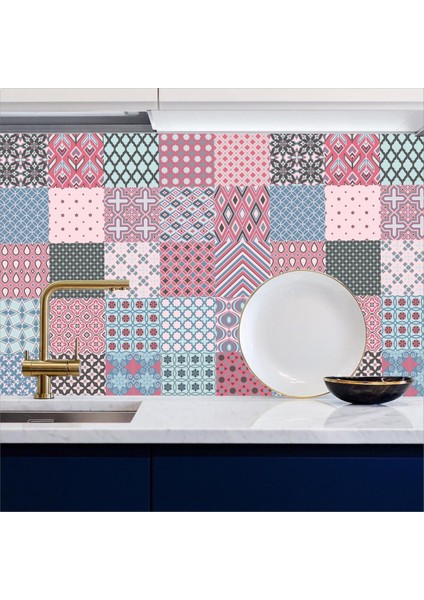 Mutfak Tezgah Arası Kendinden Yapışkanlı Folyo Kaplama Pembe Mavi 60 cm x 100 cm