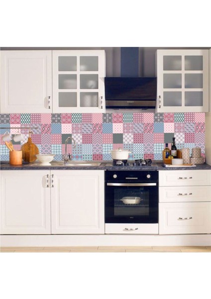 Mutfak Tezgah Arası Kendinden Yapışkanlı Folyo Kaplama Pembe Mavi 60 cm x 100 cm