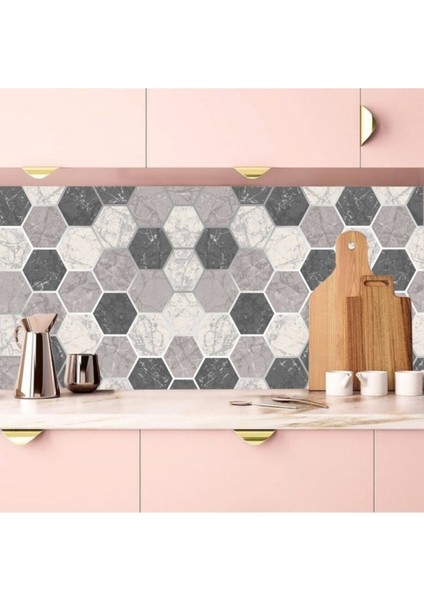 Mutfak Tezgah Arası Kendinden Yapışkanlı Folyo Kaplama Mermer Desen Altıgen Geometrik 60 cm x 100 cm