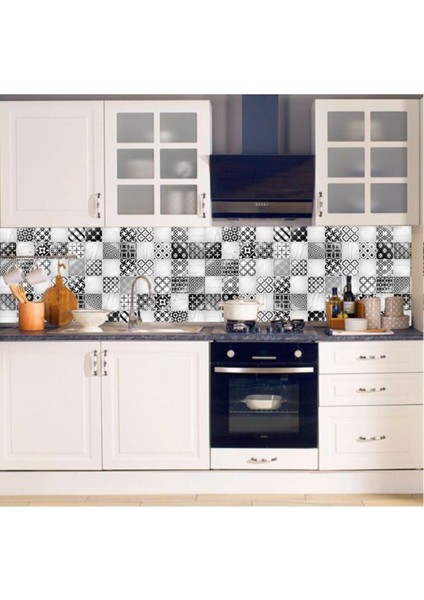 Mutfak Tezgah Arası Kendinden Yapışşkanlı Folyo Kaplama Siyah Beyaz Fayans Desen 60 cm x 100 cm