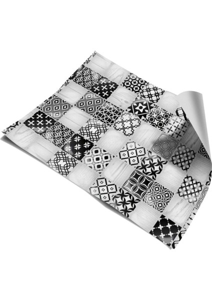 Mutfak Tezgah Arası Kendinden Yapışşkanlı Folyo Kaplama Siyah Beyaz Fayans Desen 60 cm x 100 cm