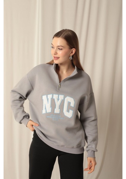 Üç Iplik Nyc Nakışlı Kadın Koyu Gri Sweat