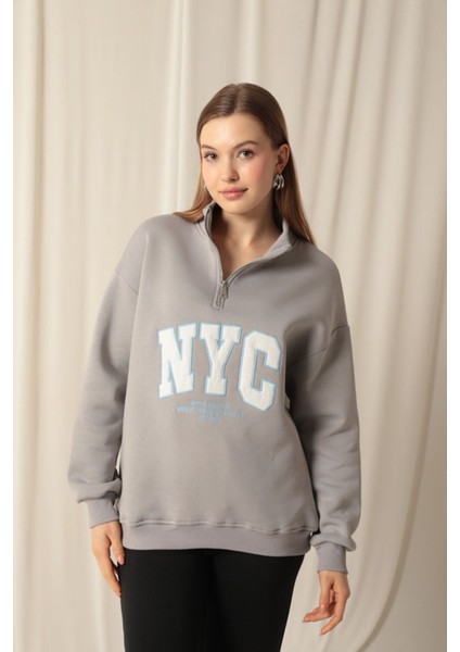 Üç Iplik Nyc Nakışlı Kadın Koyu Gri Sweat