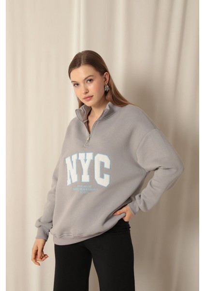 Üç Iplik Nyc Nakışlı Kadın Koyu Gri Sweat